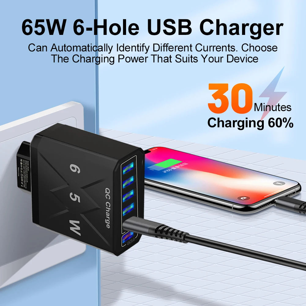 65W 6-Port USB Fast Charger | QC3.0 Travel Adapter